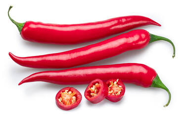 Red hot chilli peppers and chili slices isolated on white background. File contains clipping paths.