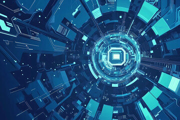 Abstract close-up of a glowing blue digital circuit board, showcasing intricate connections and technological design on a black background.
