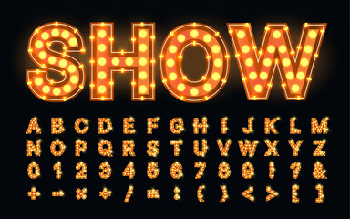 LED Marquee Light Bulb Font – Glowing Retro Alphabet Letters and Numbers for Vintage Signs and Posters