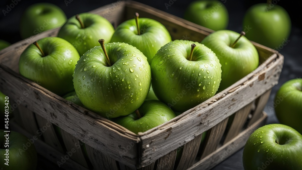 Poster a wooden crate filled with green apples, some of which have visible dew drops on them.