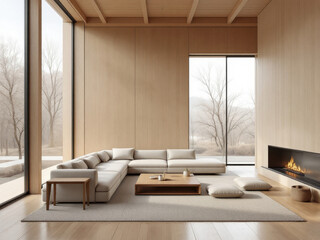 Serene Living Room Interior: A contemporary living space, designed with natural wood elements, offering a sense of tranquility and modern aesthetics with ample sunlight