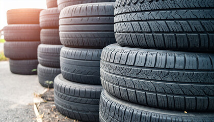 Stack of worn-out car tires. Automotive waste. Recycling and environmental impact concept.