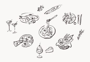 Food line art drawings, hand drawn decorative design elements, vector illustration
