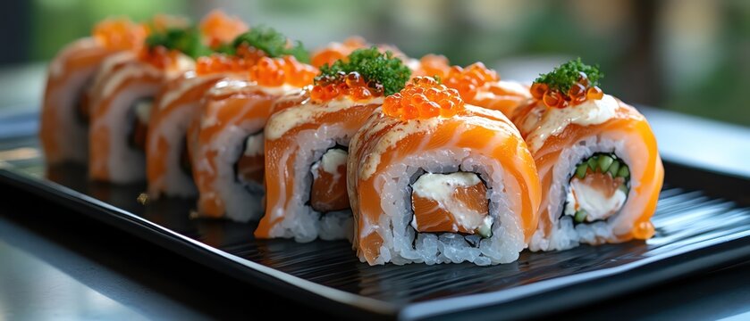 Chef preparing salmon sushi rolls with roe garnish on black tray with elegant focus lighting