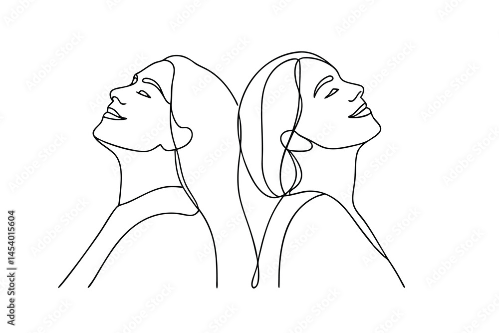 Poster two women embrace a continuous line art expression illustrating connection and contemplation with op