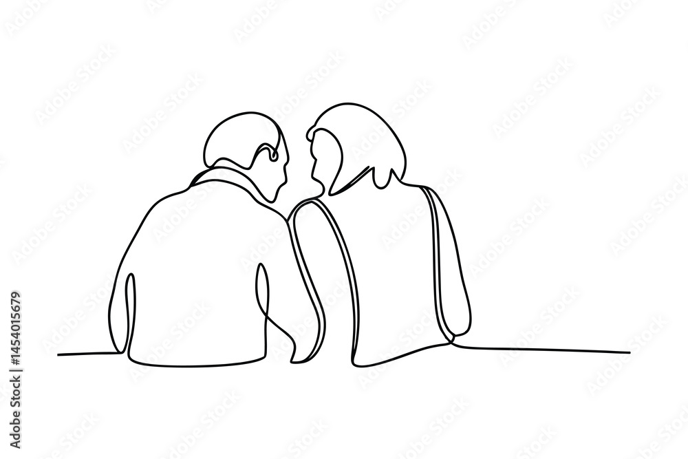 Poster a single continuous line drawing illustrating two people looking at each other symbolizing connectio