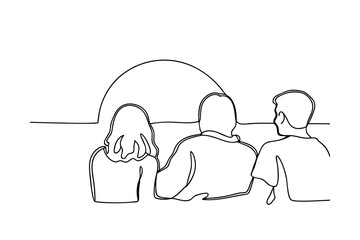 Minimalist line art depicting three individuals observing a scenic landscape with a simple sunset behind them