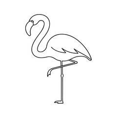 Simple outlined illustration of a flamingo bird standing gracefully on one leg against a clean white backdrop.