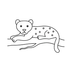 Simple black and white illustration of a cute cartoon leopard resting on a tree branch for children's educational materials