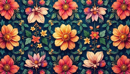 Intricate floral design, repeating seamlessly , abstract, flowers, leaves