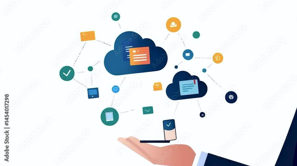 Poster a hand holding a tablet with a cloud in the background. the cloud is surrounded by many other clouds