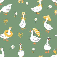 Cute geese seamless pattern on green background. Goose character vector illustration. Funny white ducks in summer style.