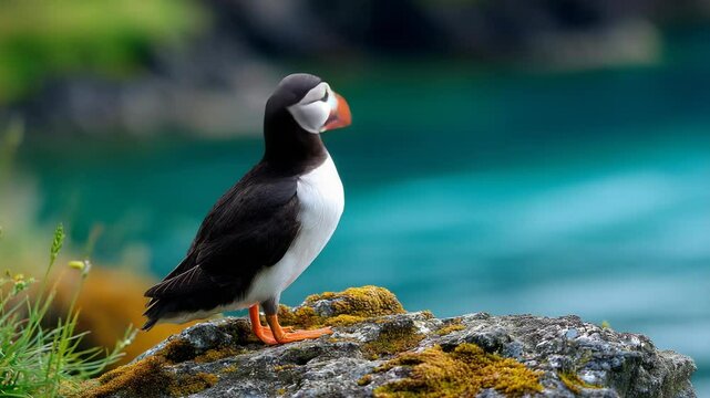 A vibrant puffin standing on a rocky shore against a stunning blue ocean backdrop.