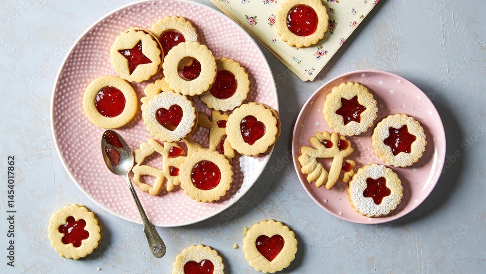 Aufkleber Two plates of heart-shaped cookies with red icing, sitting on a table with a pink patterned cloth underneath.