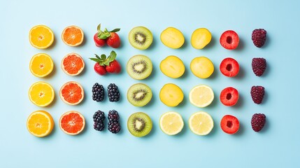 Photograph of compositional still life featuring sliced citrus and berries arranged on a light blue background.