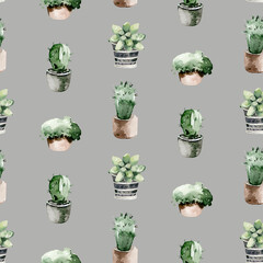 Watercolor seamless pattern of hand painted house potted houseplant. green plants in flower pots. Scrapbooking paper background of floral elements isolated on white. Decorative greenery 