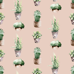 Watercolor seamless pattern of hand painted house potted houseplant. green plants in flower pots. Scrapbooking paper background of floral elements isolated on white. 