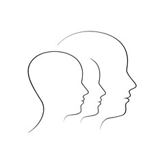Three simple line art silhouettes of human head profiles in different sizes with a white background.