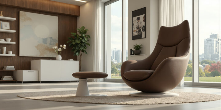 Mocha Musse AI-driven furniture that adapts to user preferences for ergonomics, comfort, and design. A deep mocha-colored lounge chair can