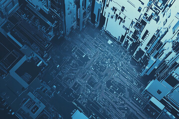 Abstract close-up of a glowing blue digital circuit board, showcasing intricate connections and technological design on a black background.
