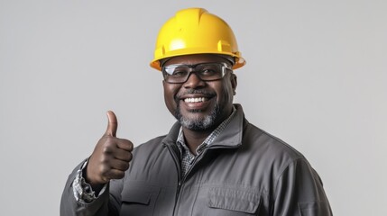 African worker in hardhat and safety glasses gives thumbs up, wearing coveralls, indicating positive work and safety