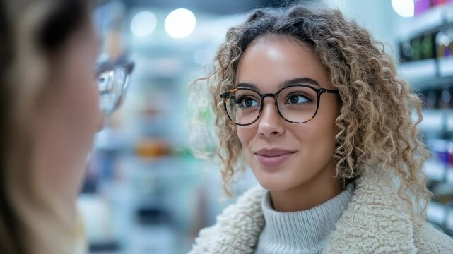 Girl trying on glasses in an optics store with the help of a sales assistant. Choosing stylish frames and lenses for vision correction.