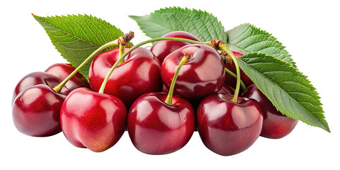 A cluster of ripe red cherries with vibrant green leaves fresh from the cherry tree