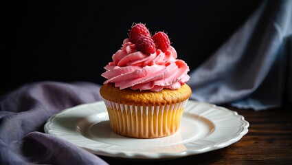 A single cupcake on a plate, topped with raspberries and frosting.