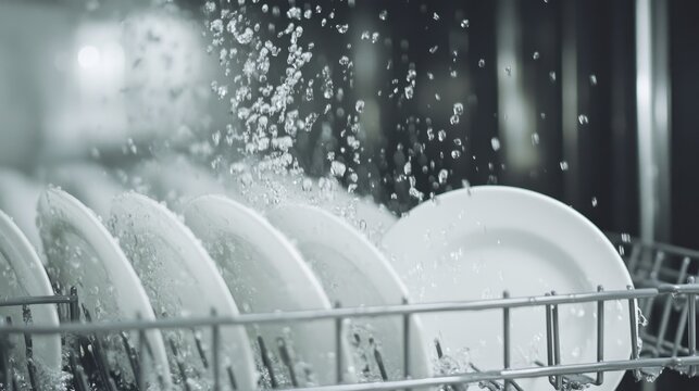 Close-up of clean, white dishes in a dishwasher rack being sprayed with water; modern household appliance doing work