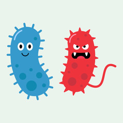 Illustration of two cartoon germ characters: a friendly blue bacterium with rounded spikes and an angry red virus with sharp spikes and a tail. Flat vector design for health concepts.