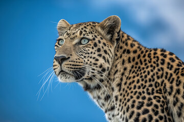 Naklejka premium A striking close-up portrait captures the intense face of a wild leopard, a spotted feline predator