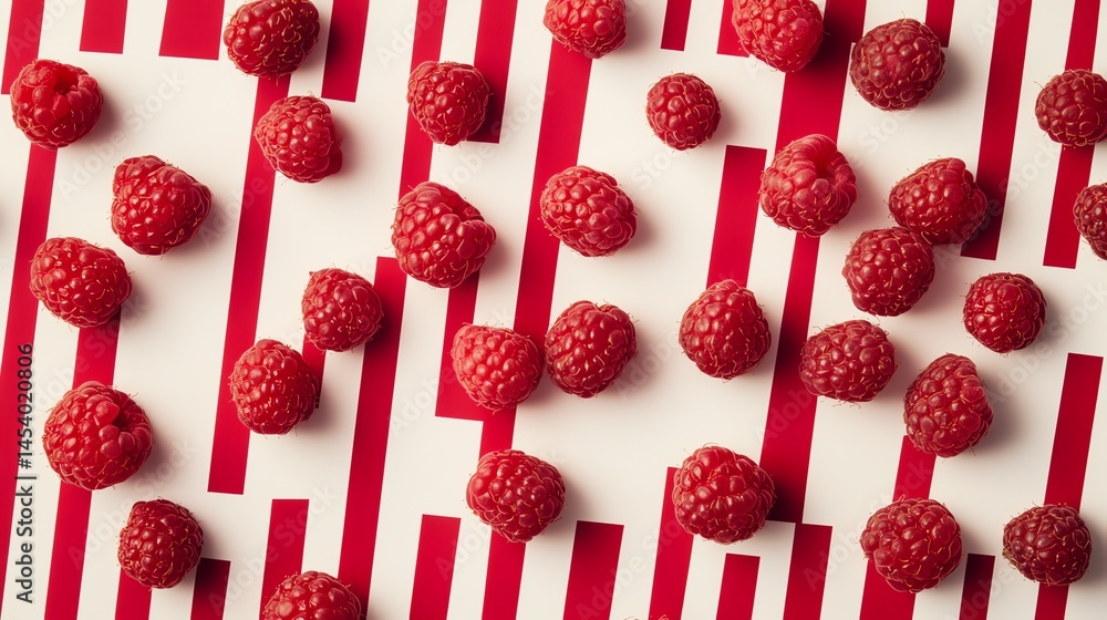 Poster photograph of red raspberries arranged on a striped white background, creating a minimalist pattern.