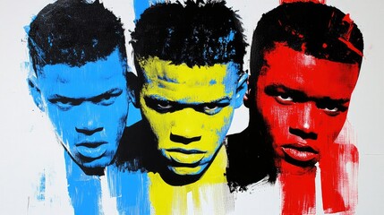 Three portraits, blue, yellow, and red, capture a fierce and intense gaze with colorful aesthetics