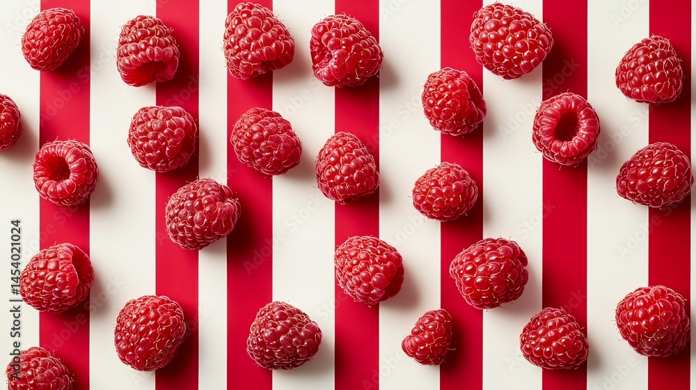 Poster photograph of raspberries arranged on a striped background, creating a vertical pattern.