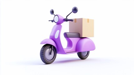 3D rendering of a stylish purple scooter carrying a cardboard package.