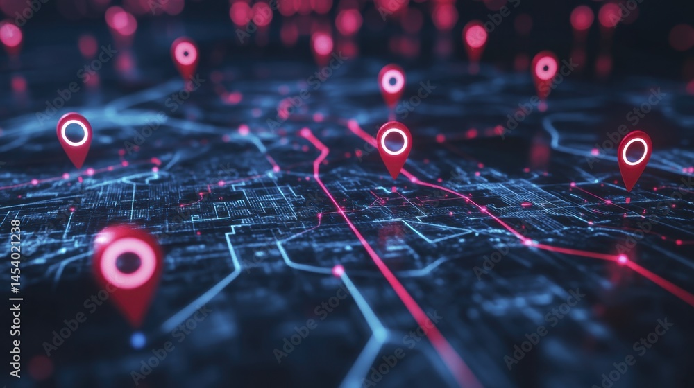 Fototapete navigation system abstract background depicting routes and destination location markers with technol