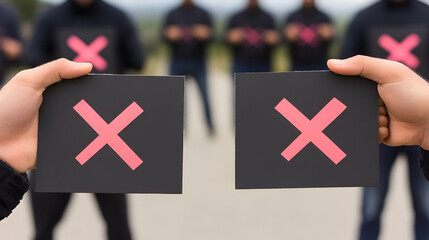Man and woman hold a red arrow icon, a 3D vector illustration business sign, not a currency like yen, but a check mark, not an x or wrong cross, unlike Georgia or Japan flags