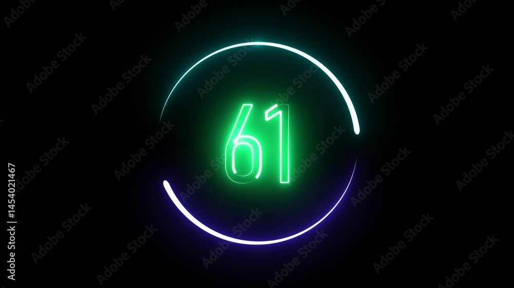 Poster glowing neon number 61 with circular light. animated countdown or level indicator for futuristic vis