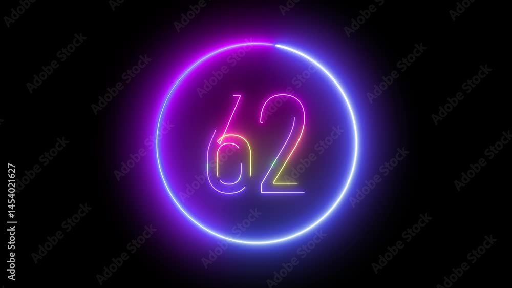 Poster neon number 62 in circular glow. vibrant animated number display for motion graphics, game interface