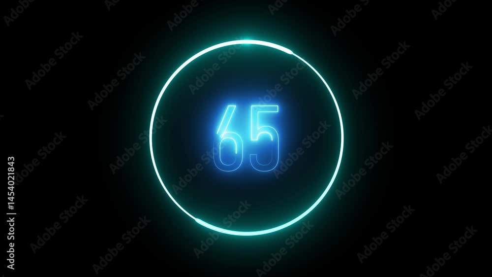 Poster circular neon frame highlighting number 65. futuristic counting animation for games, branding, and c