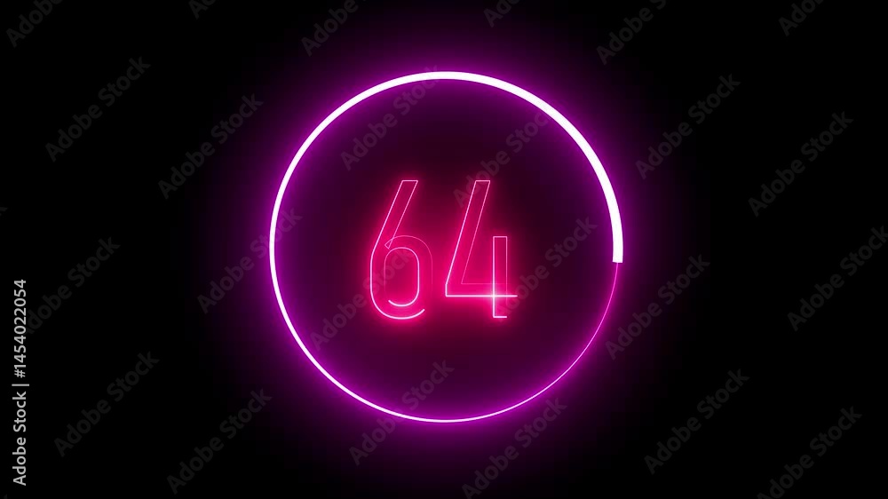 Poster bright neon 64 with glowing circular effect. dynamic number animation for progress indicators, score