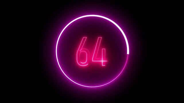 Bright neon 64 with glowing circular effect. Dynamic number animation for progress indicators, scoreboard visuals, or digital counters.