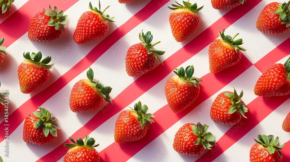 Aufkleber photograph of multiple strawberries arranged in a symmetrical pattern on a striped background.