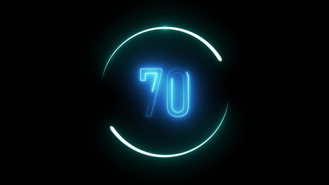 Neon countdown effect featuring number 70 in circular frame. Bold animated number for futuristic themes and creative digital art.