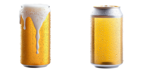 Set of Chilled beer cans with condensation and frothy top. isolate on transparent background