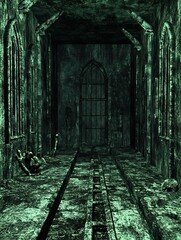 Fototapeta premium Dark green, dimly lit interior of an old stone building, possibly a church or cathedral. The long corridor leads to a large gothic window at the far end. The floor appears worn and weathered, with a