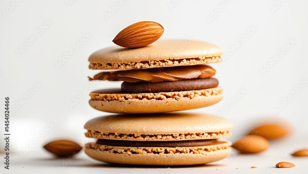 Poster stack of macarons with almond on top, surrounded by whole almonds.
