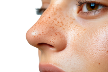 Close-up of a Young Woman's Face Highlighting Natural Skin Texture, Freckles, and Beauty Features with Soft Lighting and Clear Focus on Facial Details