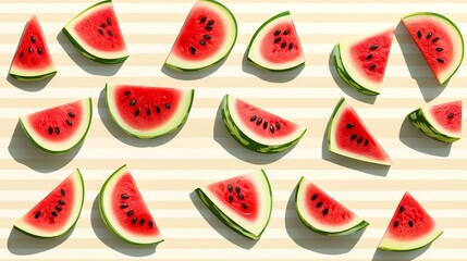 Digital illustration of twelve watermelon slices arranged on a yellow striped background.