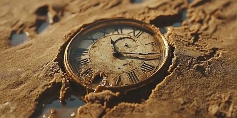 Vintage timepiece dripping from limb with melting precision, casting surreal shadow on sand below.